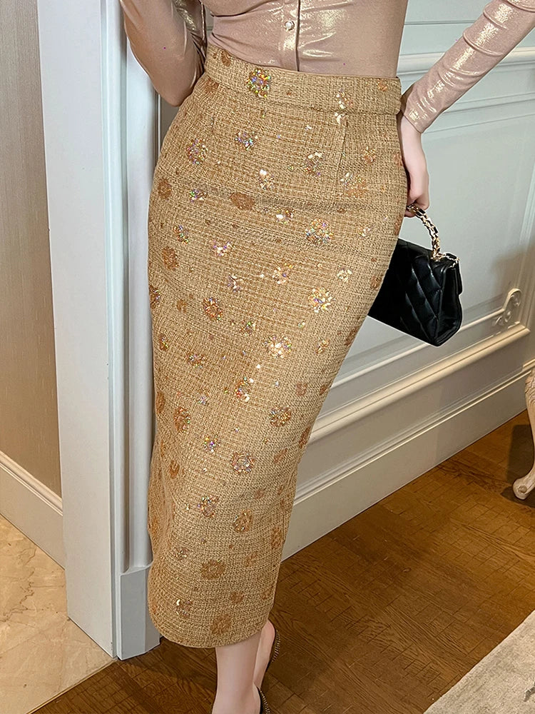 Elegant Luxury Midi Skirts Women Retro Woolen Gold Shiny Bright Sequins