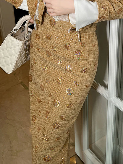 Elegant Luxury Midi Skirts Women Retro Woolen Gold Shiny Bright Sequins