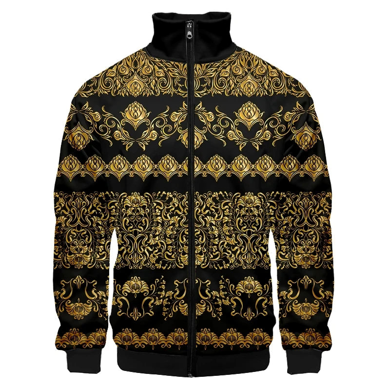 Golden Luxury Baroque Men Zip Coat 3D Print Sweatshirt Fashion Jacket