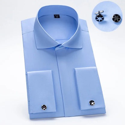 Men's Long Sleeve Luxury Business Formal Shirts Covered Button Cufflink