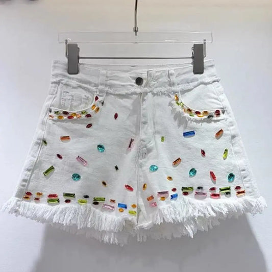 Fashion Luxury Colorful Diamond Denim Shorts for Womeen