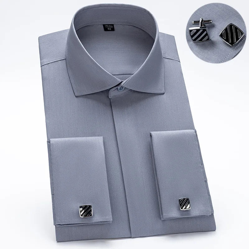 Men's Long Sleeve Luxury Business Formal Shirts Covered Button Cufflink