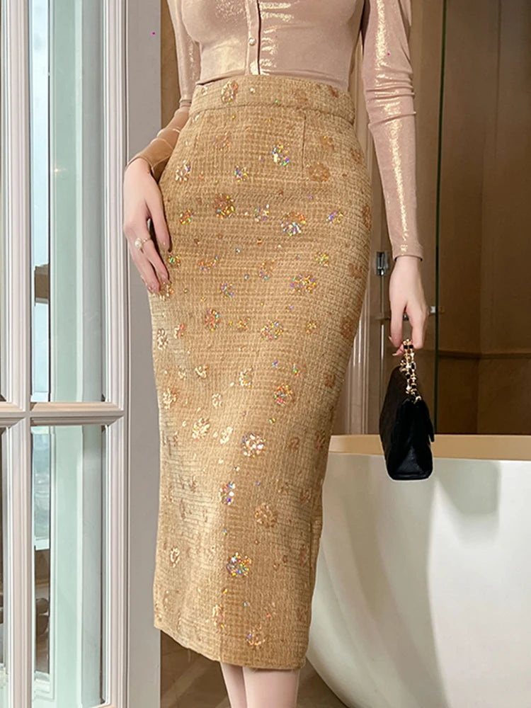 Elegant Luxury Midi Skirts Women Retro Woolen Gold Shiny Bright Sequins