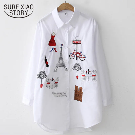 2024 New White Shirt Casual Button Up Turn Down Collar Female Blouse